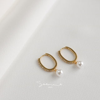 Pave Pearl Drop Oval Hoop Earrings