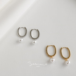 Pave Pearl Drop Oval Hoop Earrings