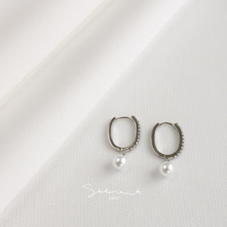 Pave Pearl Drop Oval Hoop Earrings