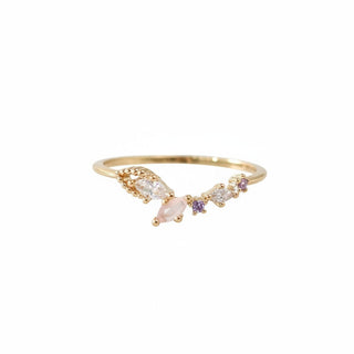 Statement Grey Dove ring in gold with blush pink, rose, and lavender marquise and circle crystals in a V-shape.