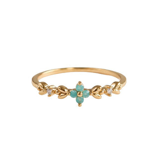 Statement Grey gold plated ring featuring an aqua opal blossom, vine leaf details, and sparkling cubic zirconia.