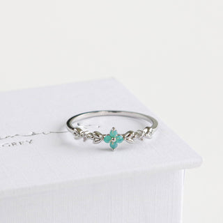 Statement Grey Jade Vine Blossom ring in rhodium finish with aqua opal-like stones and sparkling cubic zirconia accents.